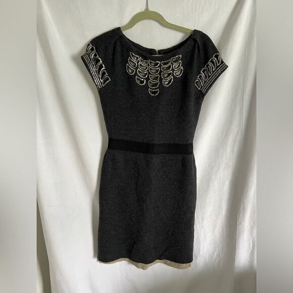Tory Burch charcoal gray sequined wool dress with nude sheer slip lining size S - Picture 1 of 10